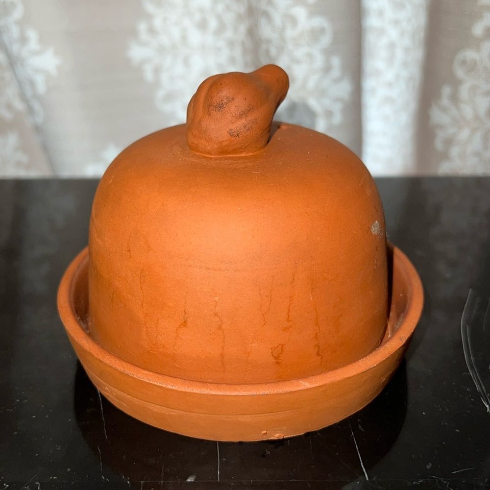 Vintage Terra Cotta Garlic Roaster Plate & Cover